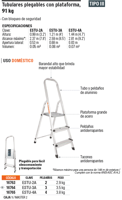 Escalera tubular plegable, 2 peldaños, aluminio, Truper. Codigo