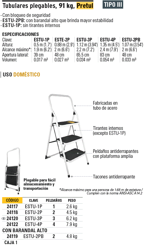 Escalera Tubular Plegable 2 Peldaños Pretul color Blanco